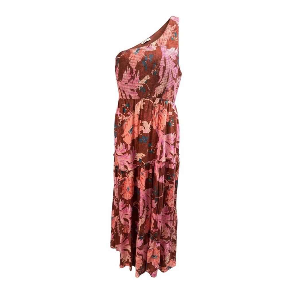 Soma WKND One Shoulder Floral Smocked Tiered Maxi Dress Pink Brown XL